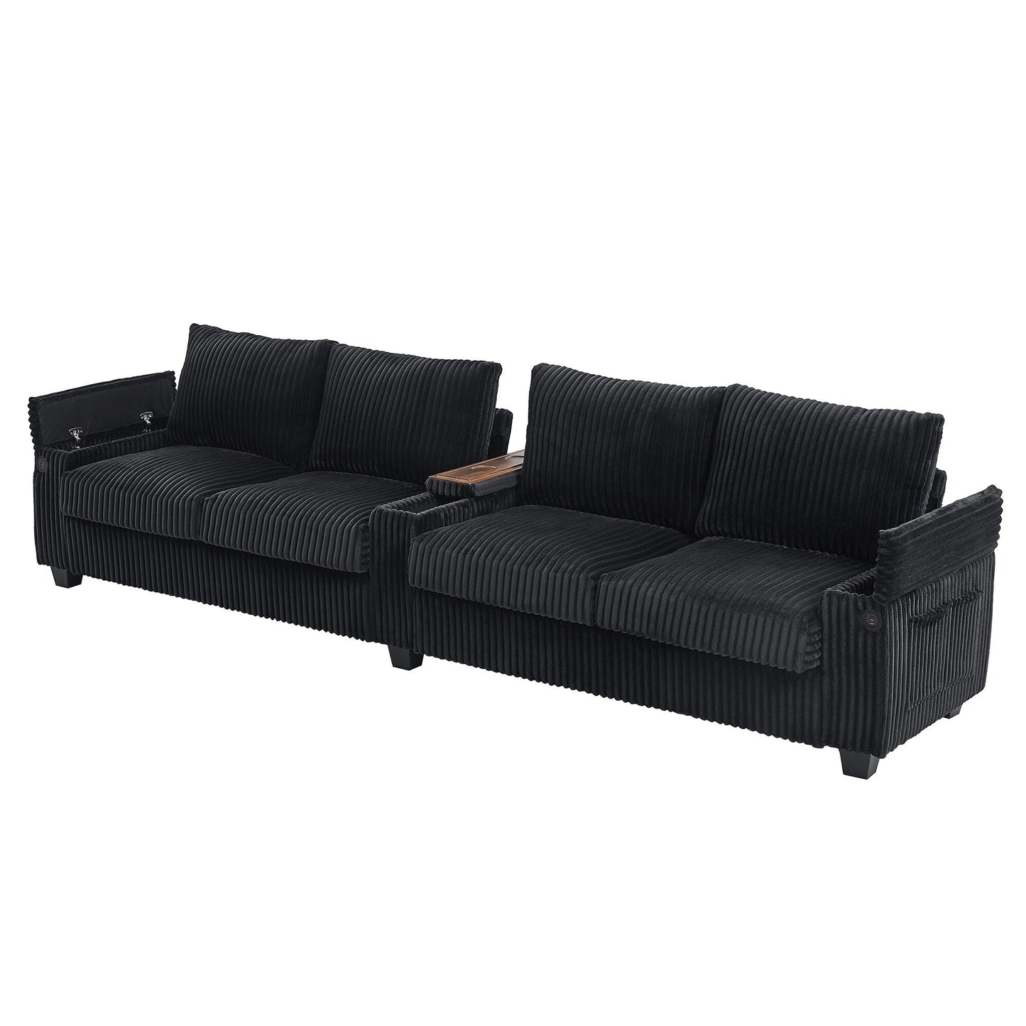 Divano a 4 posti in velluto a coste 133 con porte USB, portabicchieri ribaltabili e spazio nascosto