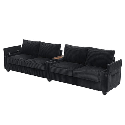 Divano a 4 posti in velluto a coste 133 con porte USB, portabicchieri ribaltabili e spazio nascosto