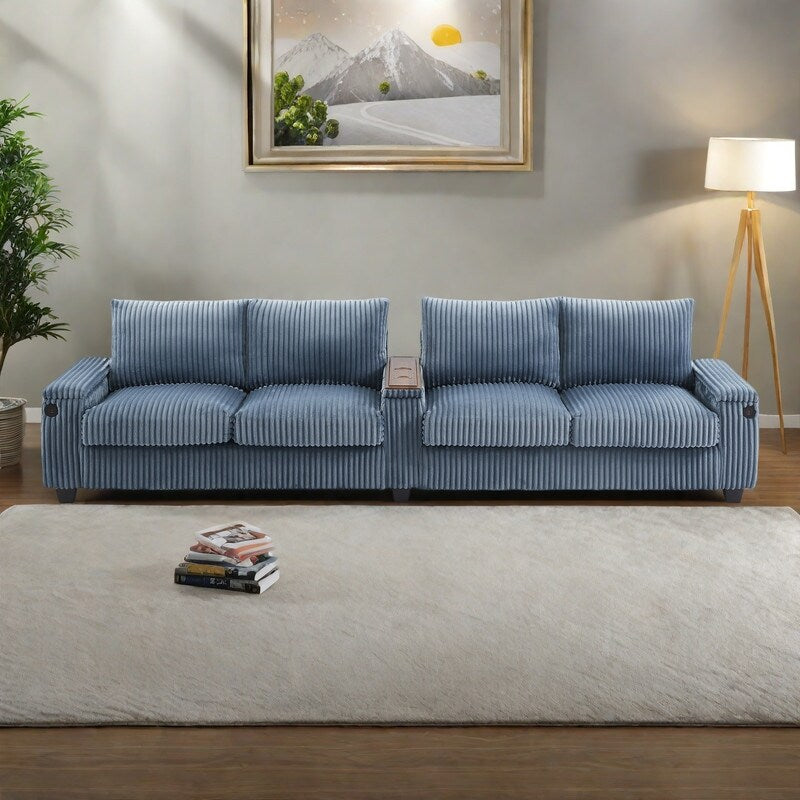 Divano a 4 posti in velluto a coste 133 con porte USB, portabicchieri ribaltabili e spazio nascosto