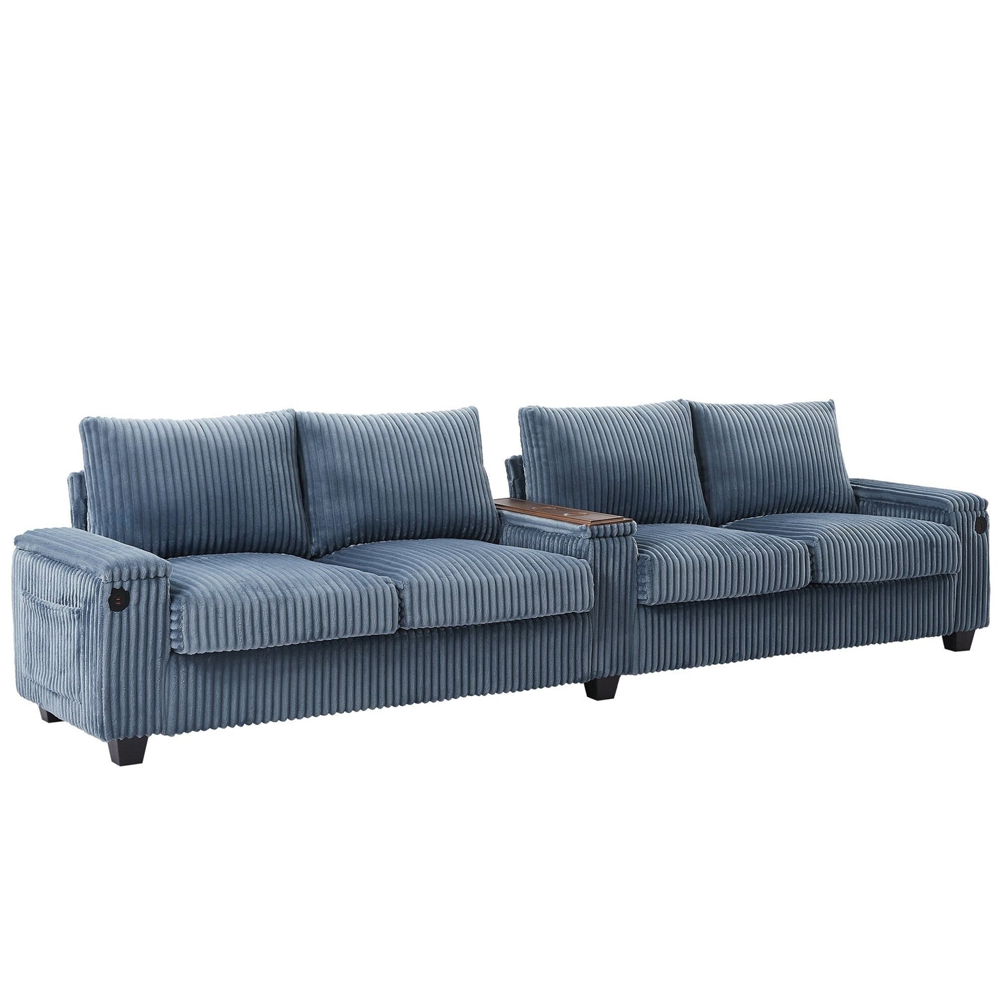 Divano a 4 posti in velluto a coste 133 con porte USB, portabicchieri ribaltabili e spazio nascosto