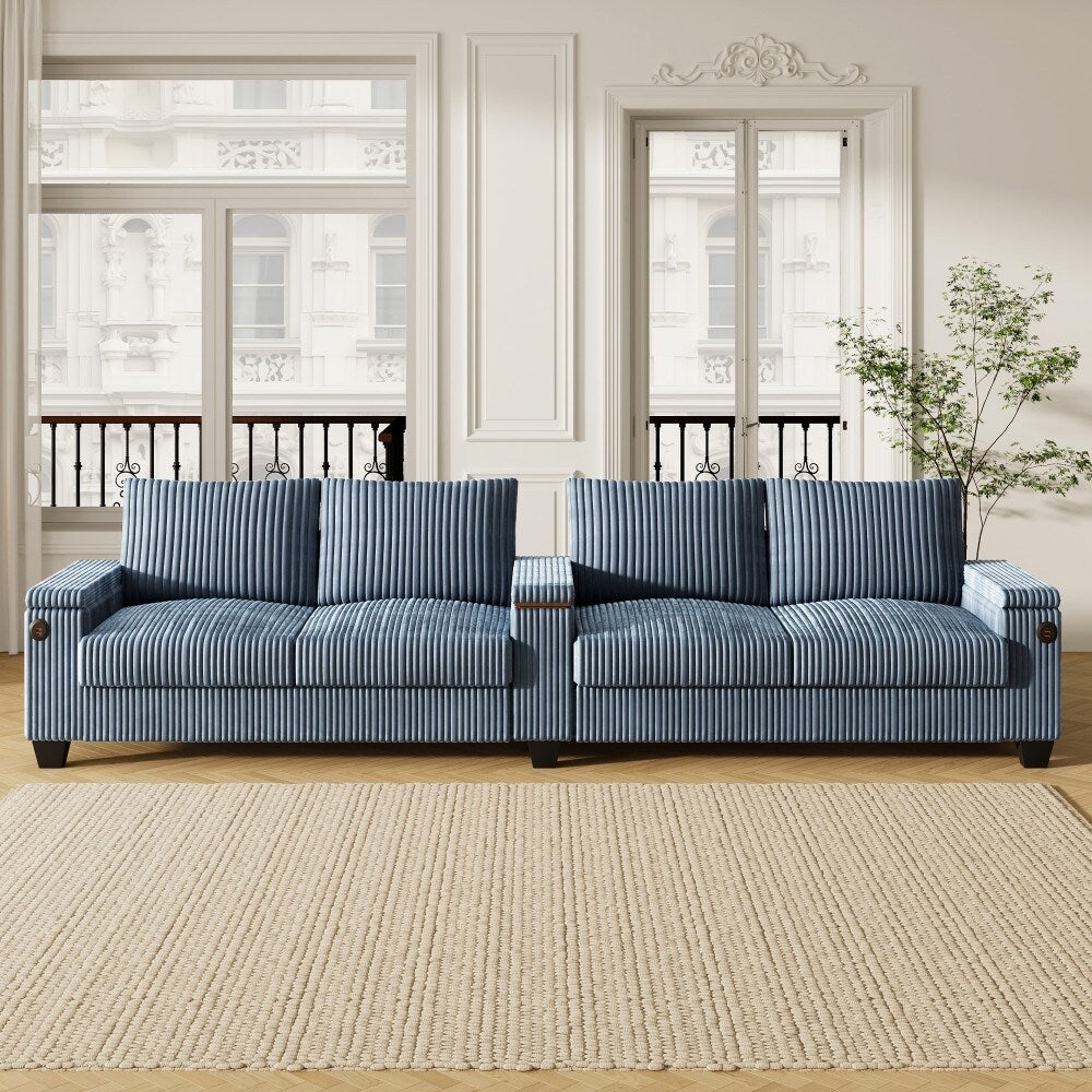 Divano moderno in velluto a coste a 4 posti 133 con porte USB e portabicchieri ribaltabili