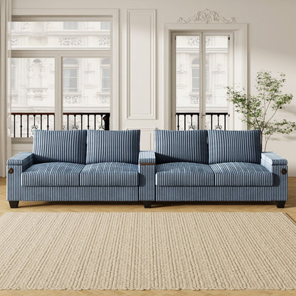 Divano moderno in velluto a coste a 4 posti 133 con porte USB e portabicchieri ribaltabili