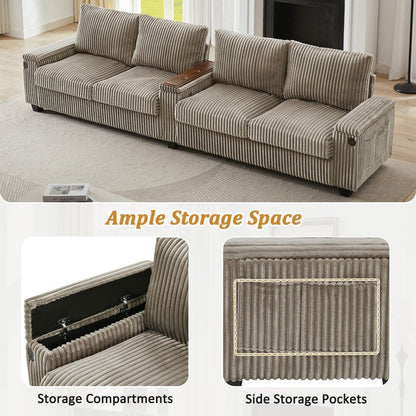 Divano moderno in velluto a coste a 4 posti 133 con porte USB e portabicchieri ribaltabili