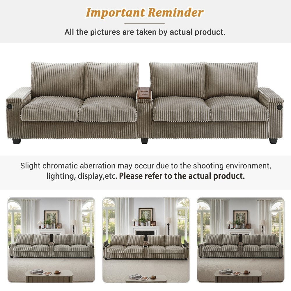 Divano moderno in velluto a coste a 4 posti 133 con porte USB e portabicchieri ribaltabili