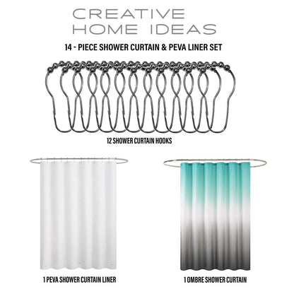 Set da bagno/doccia da 14 pezzi - Tenda da doccia sfumata, ganci e rivestimento in PEVA
