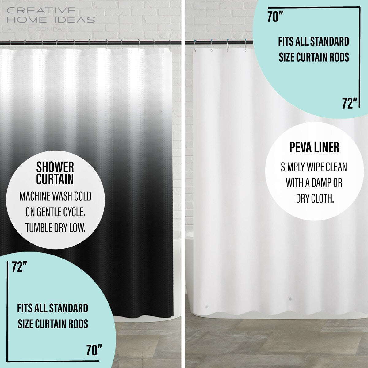 Set da bagno/doccia da 14 pezzi - Tenda da doccia sfumata, ganci e rivestimento in PEVA