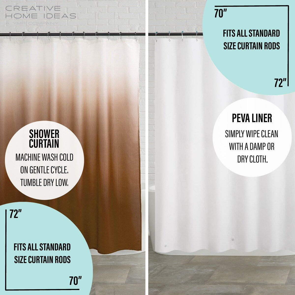 Set da bagno/doccia da 14 pezzi - Tenda da doccia sfumata, ganci e rivestimento in PEVA