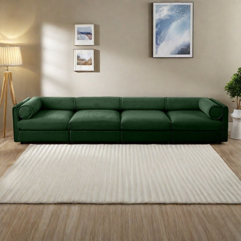 Divano componibile modulare in ciniglia a 4 posti con contenitore e schienale cilindrico da 142,5