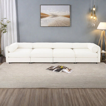 Divano componibile modulare in ciniglia a 4 posti con contenitore e schienale cilindrico da 142,5