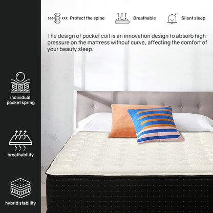 Materasso ibrido di lusso rivestito in schiuma da 14, forte supporto dei bordi, schiuma ad alta densità, 2 soffici trapunte superiori, nero