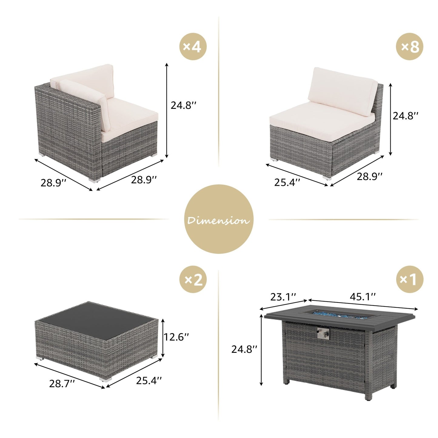 Set di 15 divani da giardino in vimini con braciere e tavolo