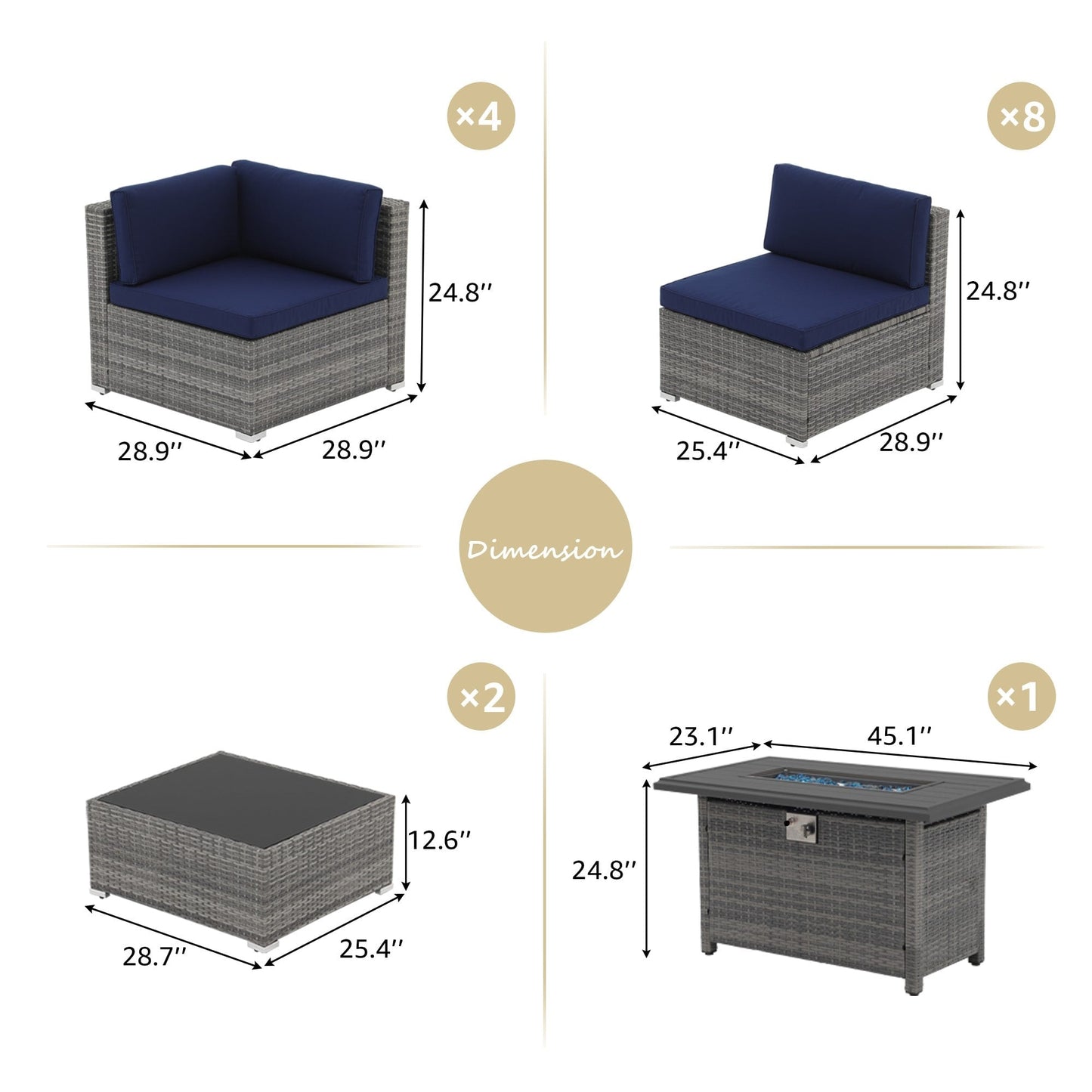 Set di 15 divani da giardino in vimini con braciere e tavolo