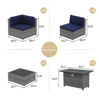 Set di 15 divani da giardino in vimini con braciere e tavolo