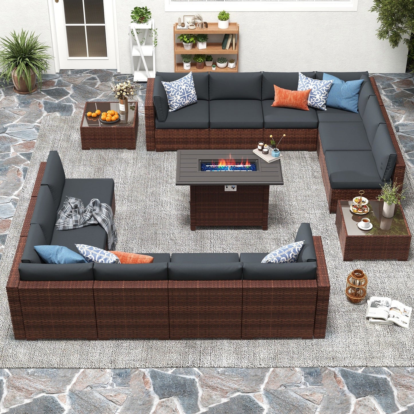 Set di 15 divani da giardino in vimini con braciere e tavolo