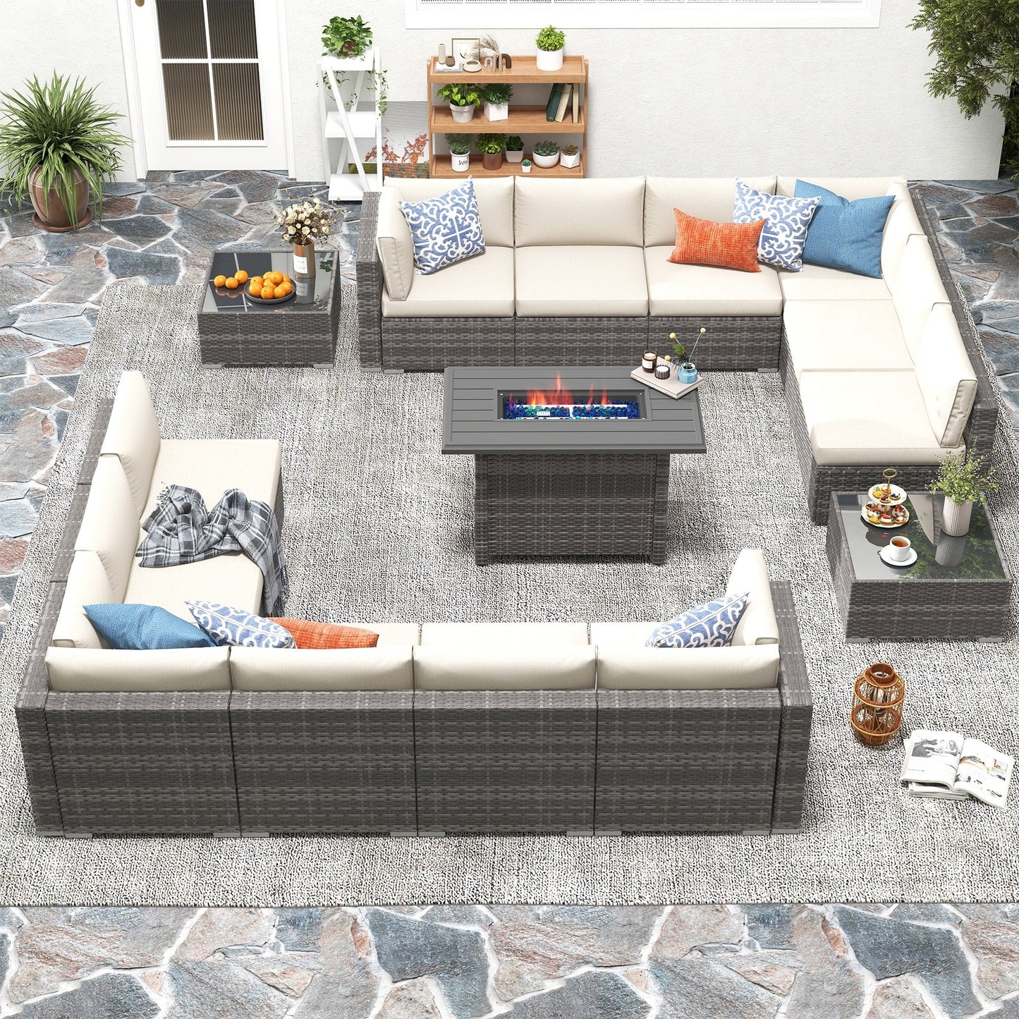 Set di 15 divani da giardino in vimini con braciere e tavolo