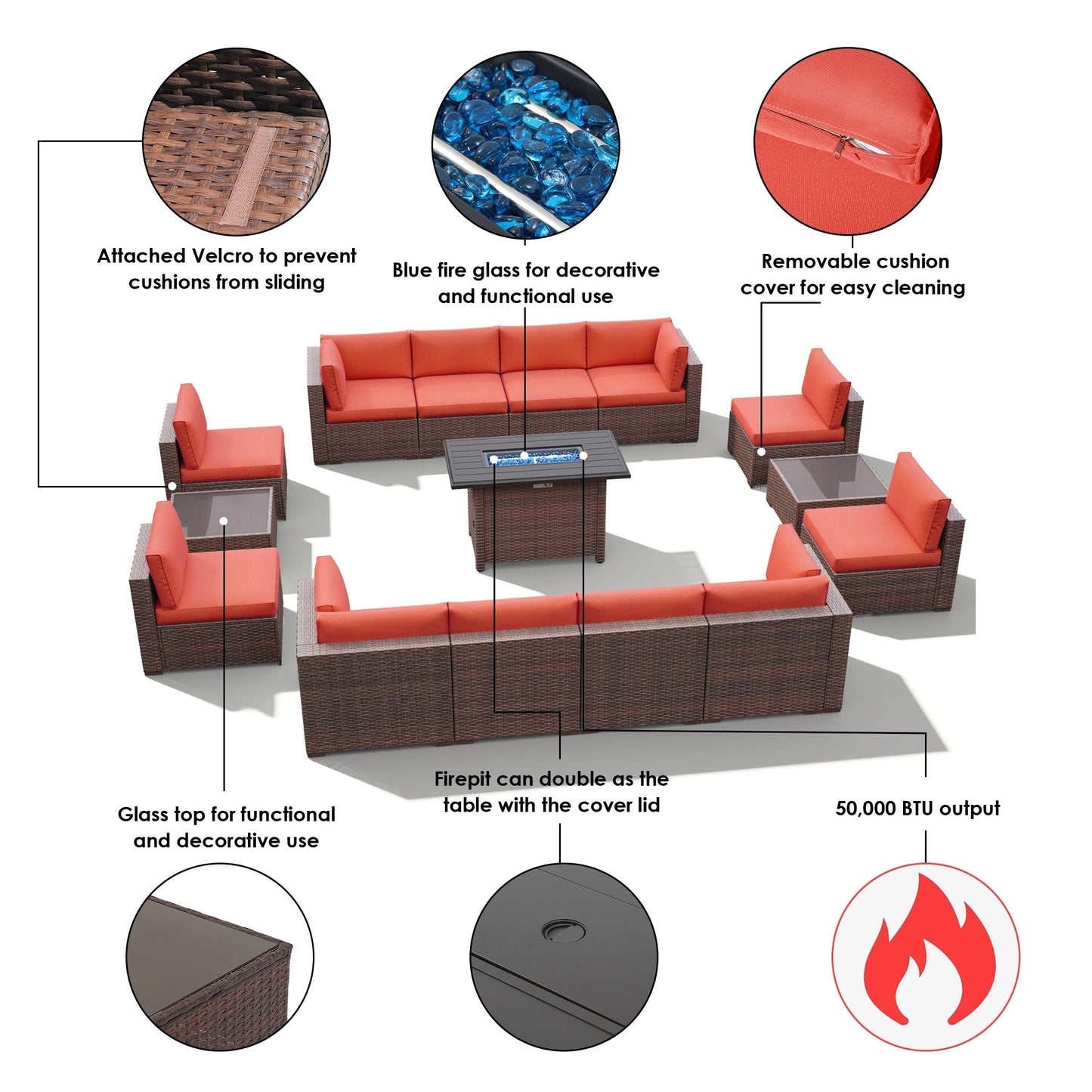 Set di 15 divani da giardino in vimini con braciere e tavolo