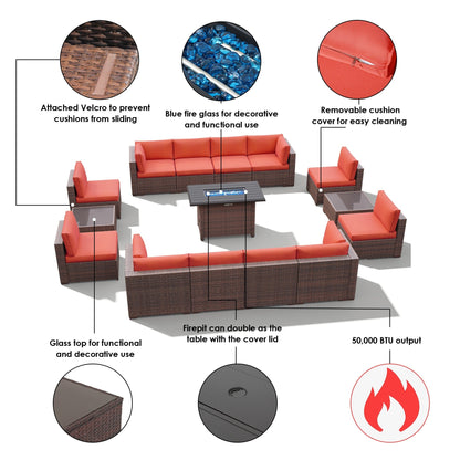 Set di 15 divani da giardino in vimini con braciere e tavolo