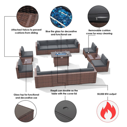 Set di 15 divani da giardino in vimini con braciere e tavolo