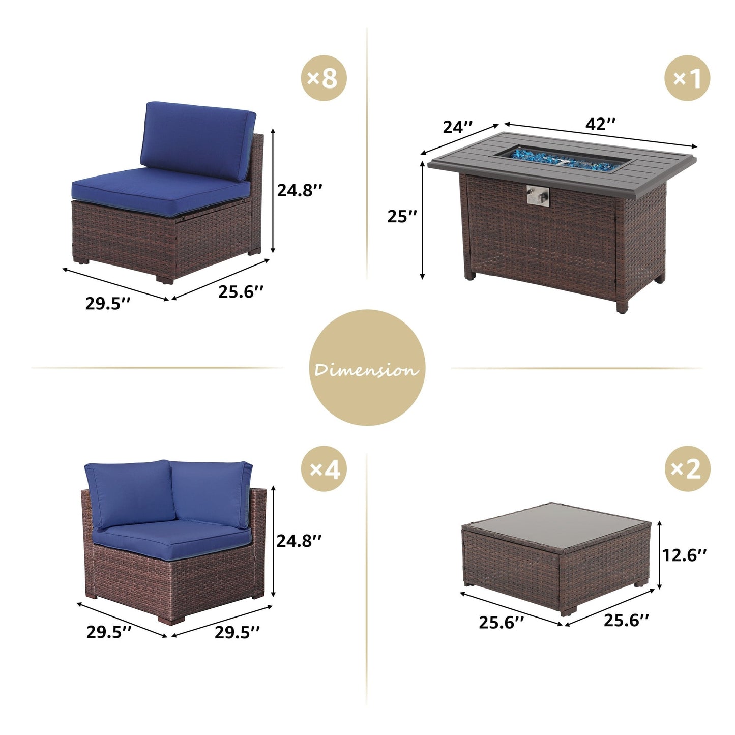 Set di 15 divani da giardino in vimini con braciere e tavolo