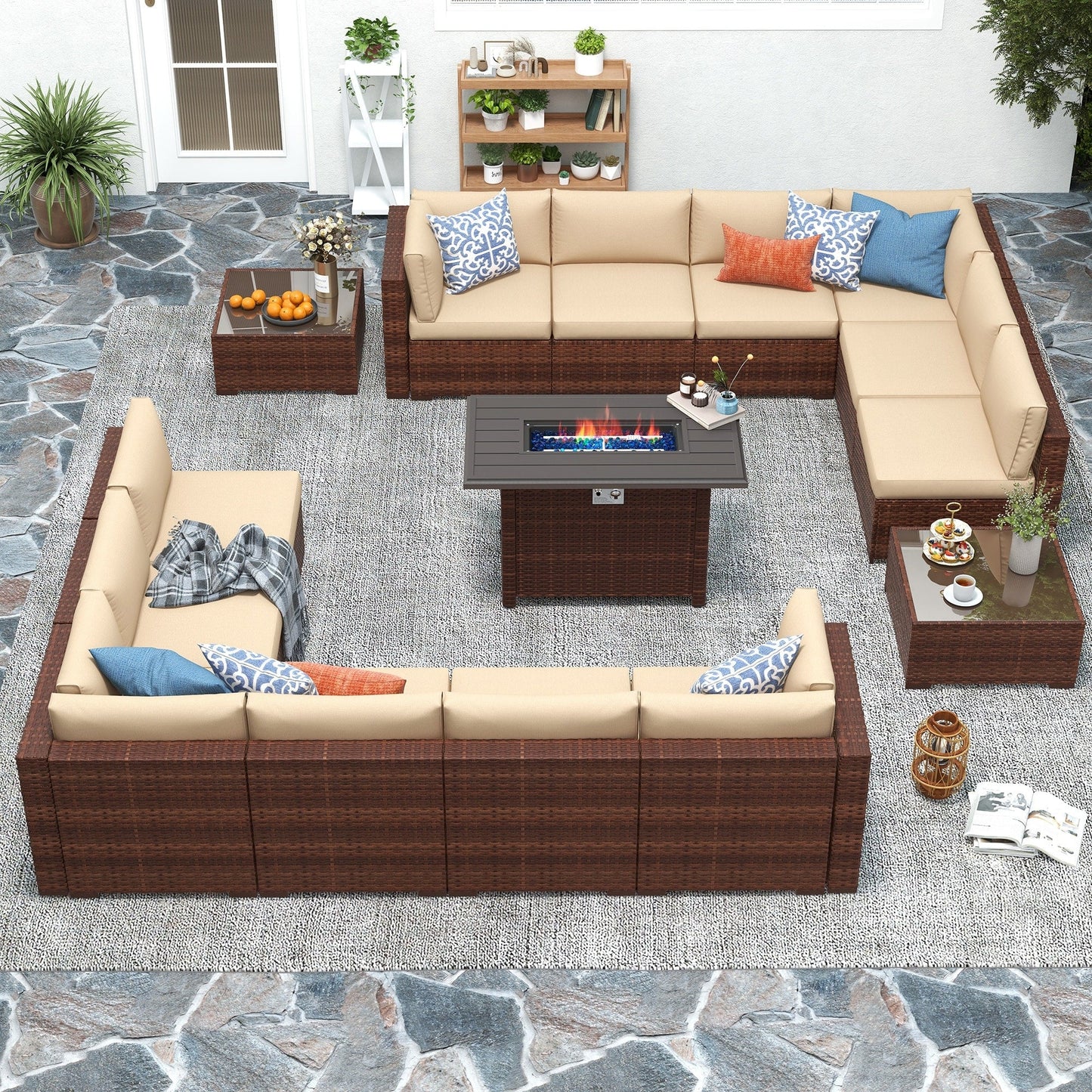 Set di 15 divani da giardino in vimini con braciere e tavolo