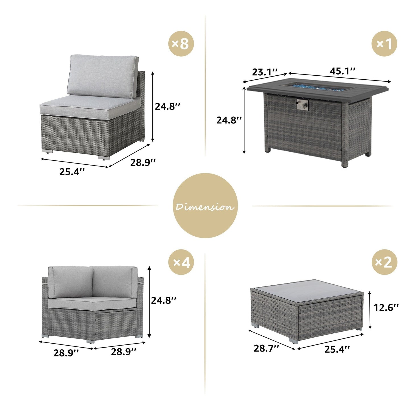 Set di 15 divani da giardino in vimini con braciere e tavolo