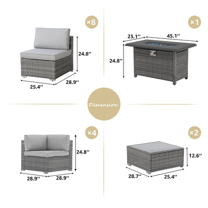 Set di 15 divani da giardino in vimini con braciere e tavolo