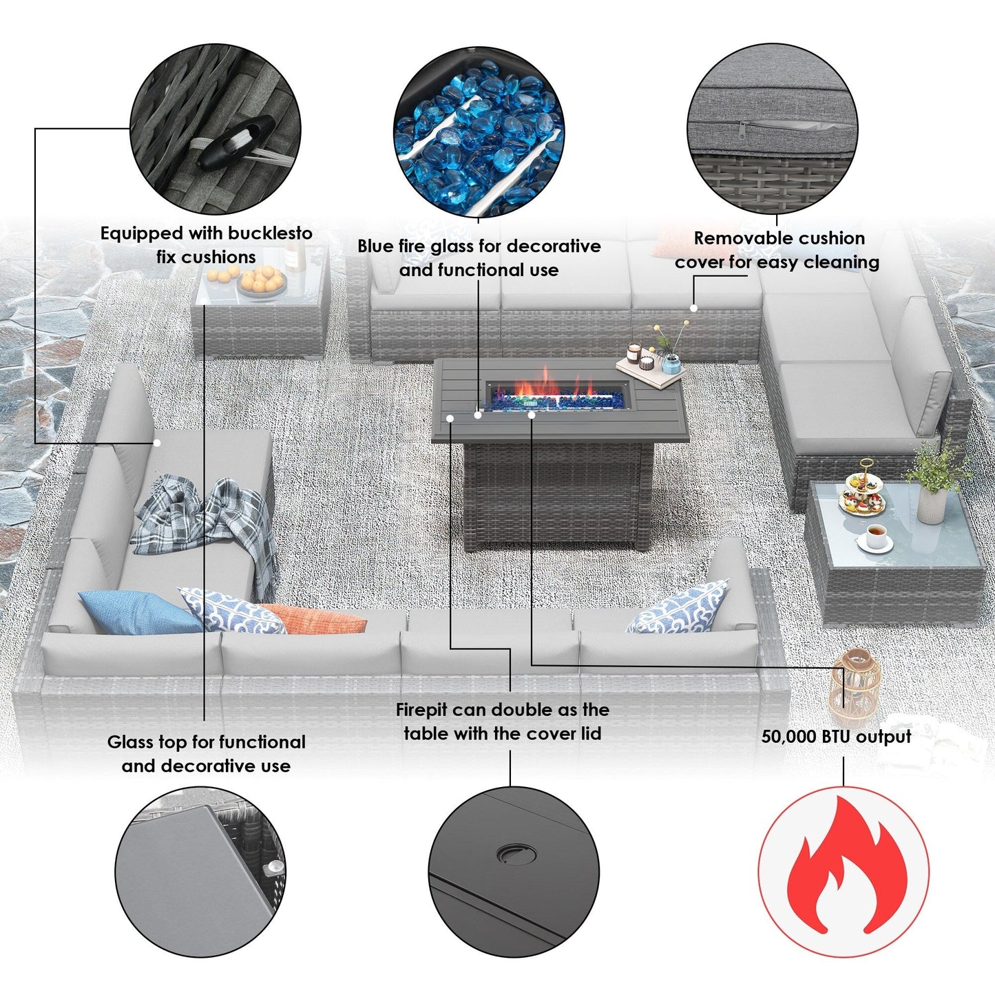 Set di 15 divani da giardino in vimini con braciere e tavolo