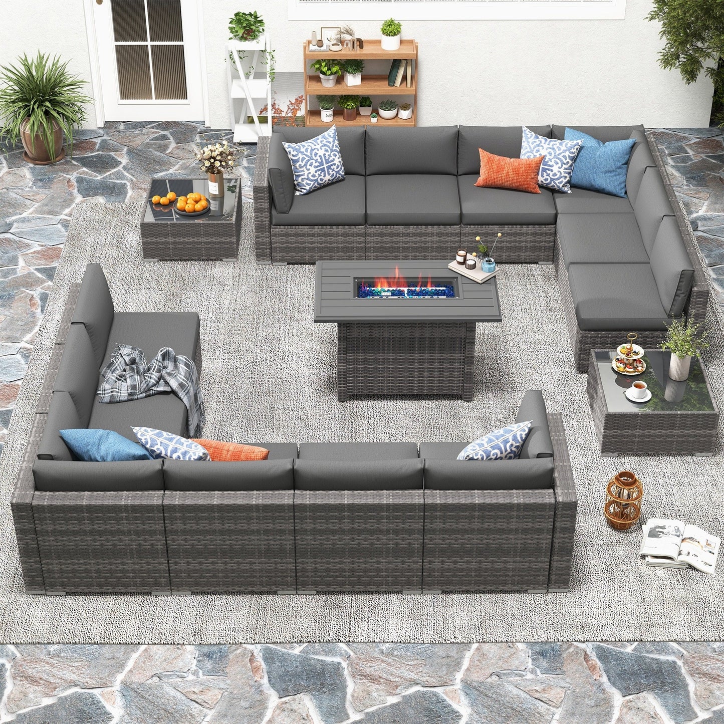 Set di 15 divani da giardino in vimini con braciere e tavolo