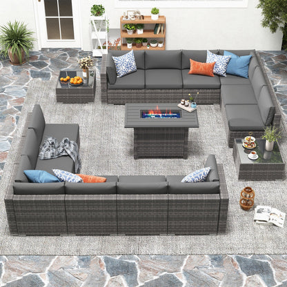 Set di 15 divani da giardino in vimini con braciere e tavolo