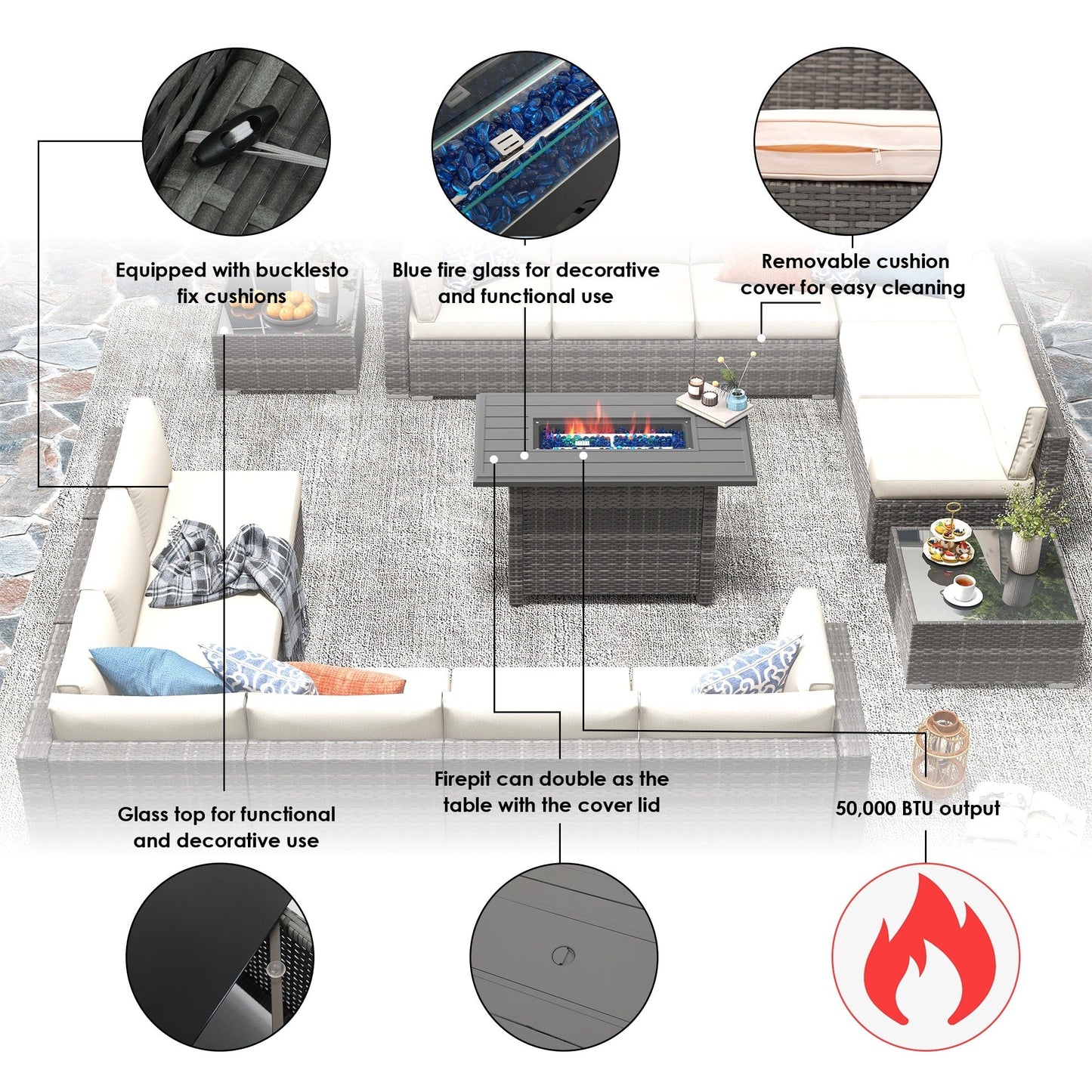 Set di 15 divani da giardino in vimini con braciere e tavolo