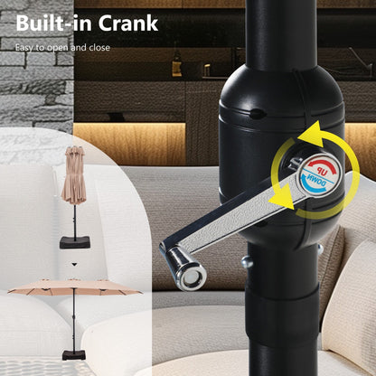 Ombrellone da esterno rettangolare da 15 piedi con manovella, doppio lato, con illuminazione a LED solare e base inclusa