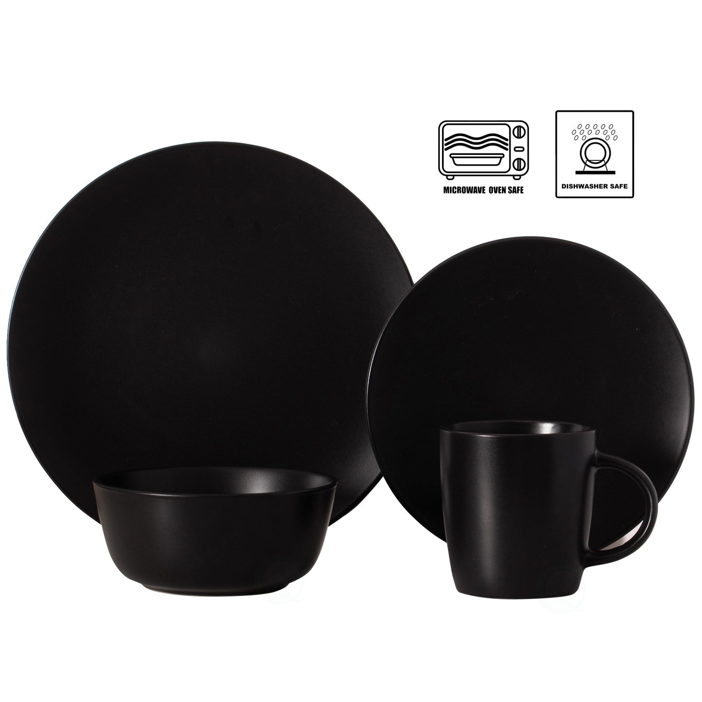 Set di stoviglie da 16 pezzi per 4 persone | Tazze, piatti da insalata e da portata e ciotole, resistenti a scheggiature e crepe, nero opaco