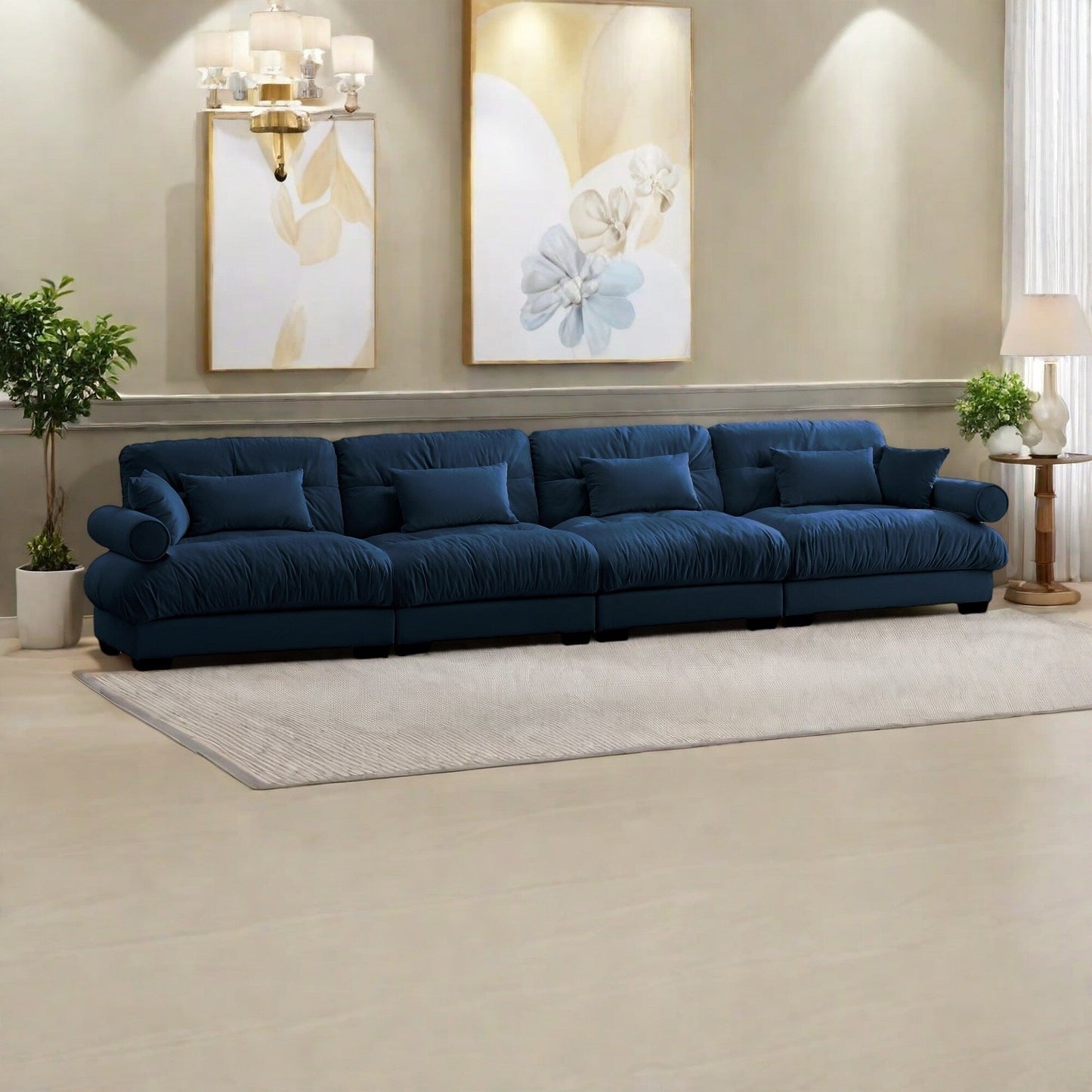 Divano 166Velvet a 4 posti con braccioli a rullo, cuscini in spugna ad alta resilienza