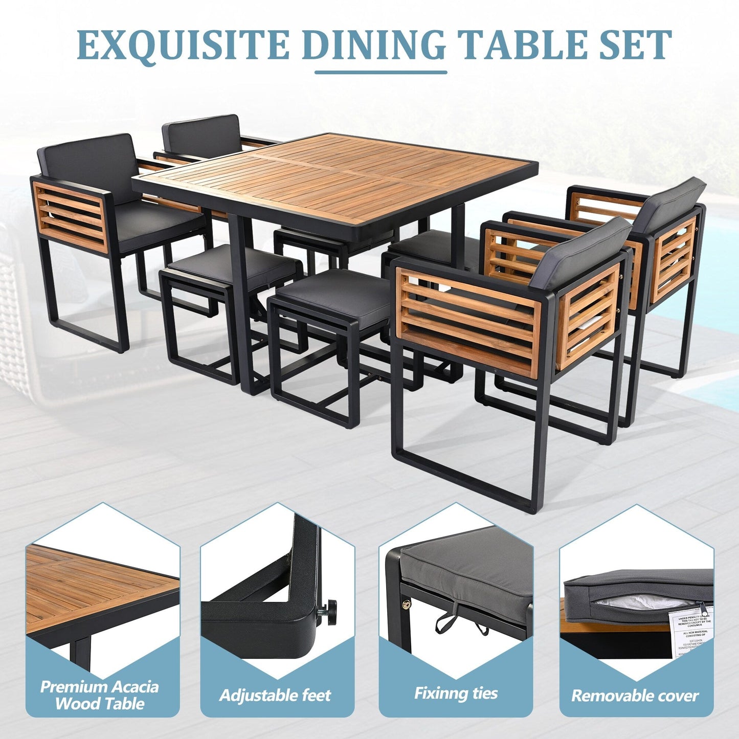 Set da pranzo da giardino in legno di acacia da 18 pezzi, 8 sedie imbottite, 8 pouf e 2 tavoli quadrati