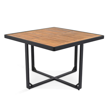 Set da pranzo da giardino in legno di acacia da 18 pezzi, 8 sedie imbottite, 8 pouf e 2 tavoli quadrati