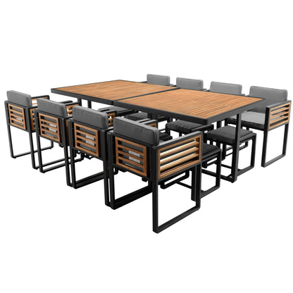 Set da pranzo da giardino in legno di acacia da 18 pezzi, 8 sedie imbottite, 8 pouf e 2 tavoli quadrati