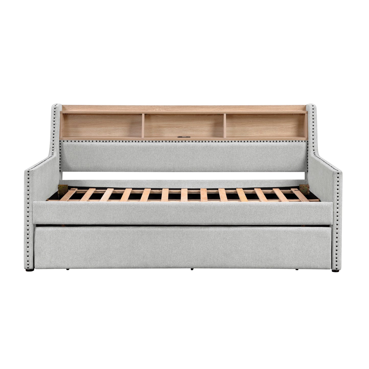 Divano letto grigio chiaro con libreria estraibile, pannello laterale, porte di ricarica, finiture con borchie, mobili dal design moderno