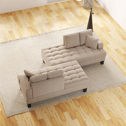 Set da soggiorno 2 pezzi, chaise longue imbottita con trapuntatura profonda e 2 cuscini, grigio caldo