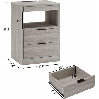 Comodino a 2 cassetti con LED, stazione di ricarica wireless, ripiano estraibile
