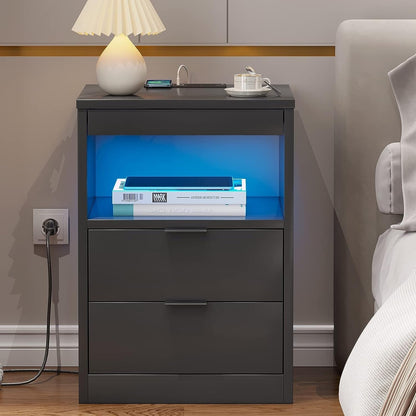 Comodino a 2 cassetti con LED, stazione di ricarica wireless, ripiano estraibile