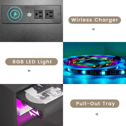 Comodino a 2 cassetti con LED, stazione di ricarica wireless, ripiano estraibile