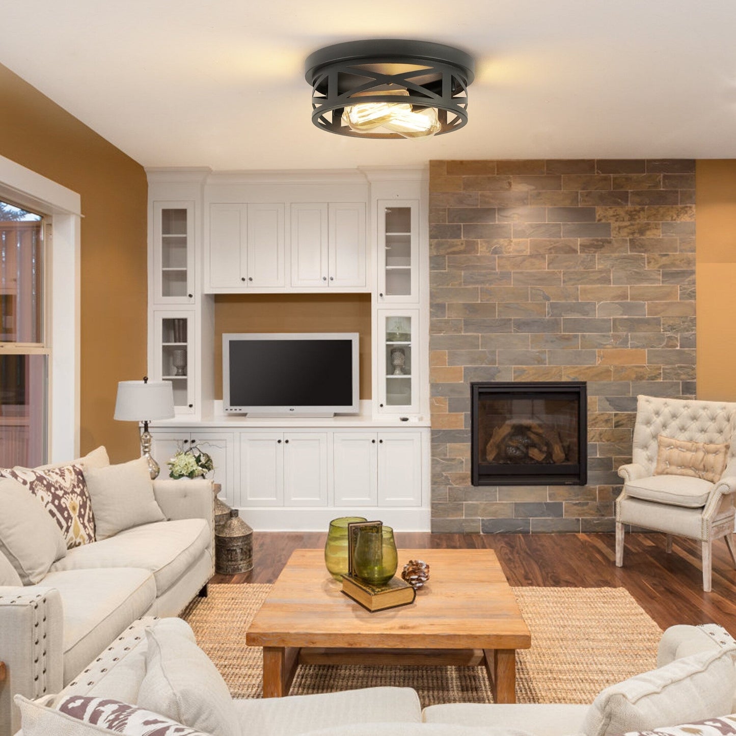 Plafoniera da soffitto a filo stile fattoria nera a 2 luci - Confezione da 2