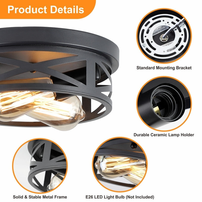 Plafoniera da soffitto a filo stile fattoria nera a 2 luci - Confezione da 2