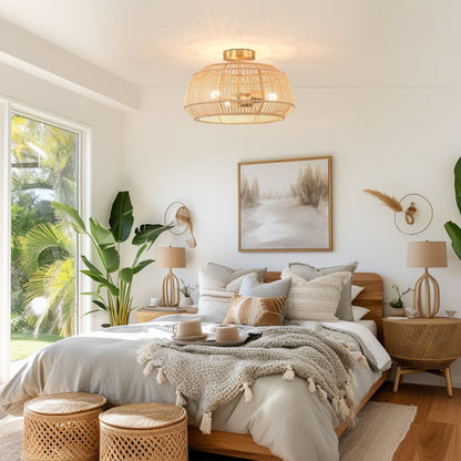 Lampada da soffitto semi-incassata in rattan bohémien a 2 luci - Ottone