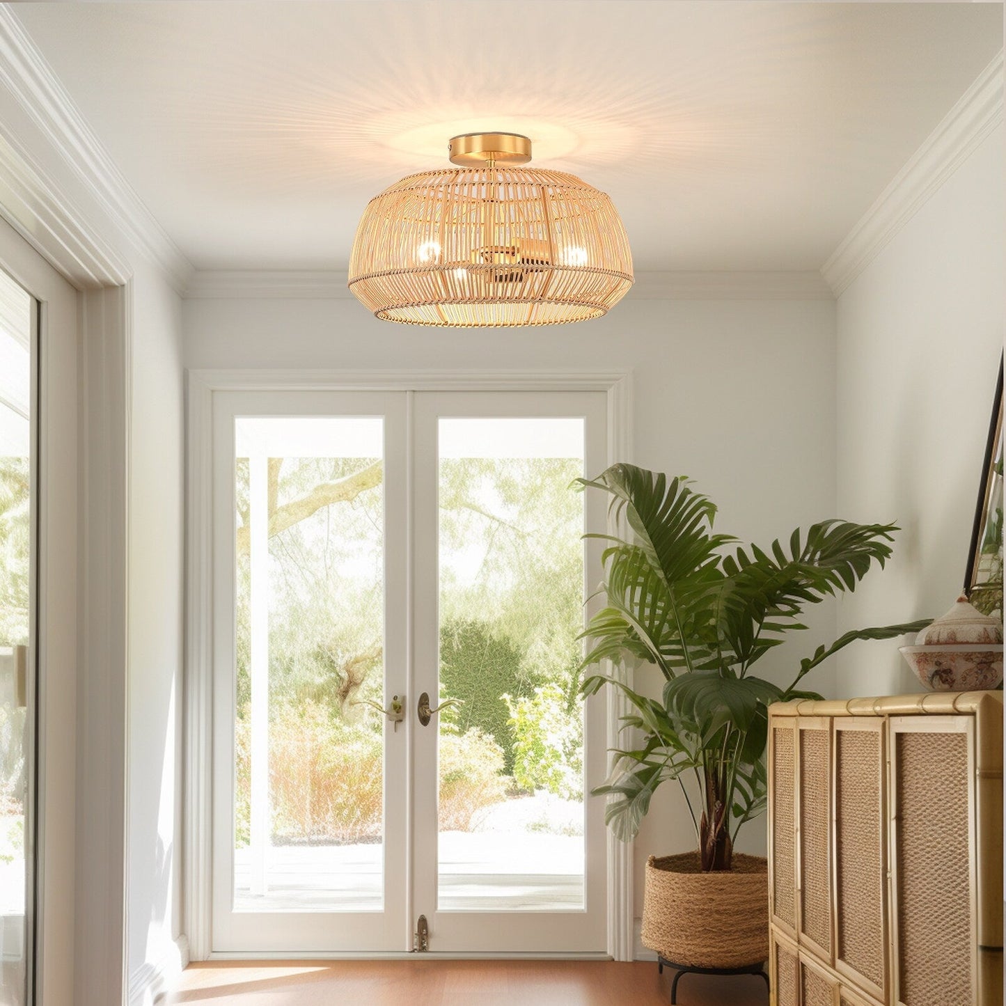 Lampada da soffitto semi-incassata in rattan bohémien a 2 luci - Ottone