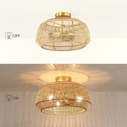 Lampada da soffitto semi-incassata in rattan bohémien a 2 luci - Ottone