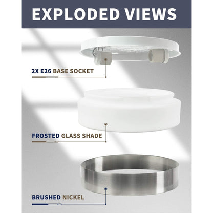 Plafoniera a filo a 2 luci con paralume in vetro smerigliato - 12,0 pollici LX 12,0 pollici WX 3,5 pollici H