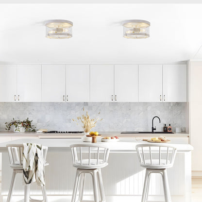 Plafoniera a 2 luci in vetro trasparente con montaggio a filo e struttura in metallo