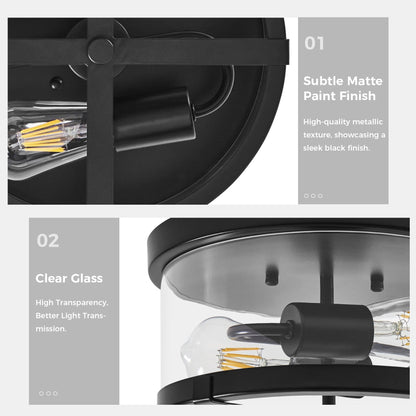 Plafoniera a 2 luci in vetro trasparente con montaggio a filo e struttura in metallo