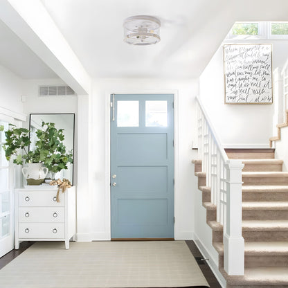 Plafoniera a 2 luci in vetro trasparente con montaggio a filo e struttura in metallo